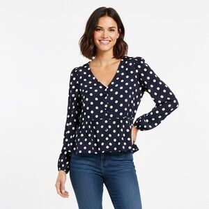 J.Crew Navy Polka Dot Peplum Blouse | Button Front Crepe Top Size 10